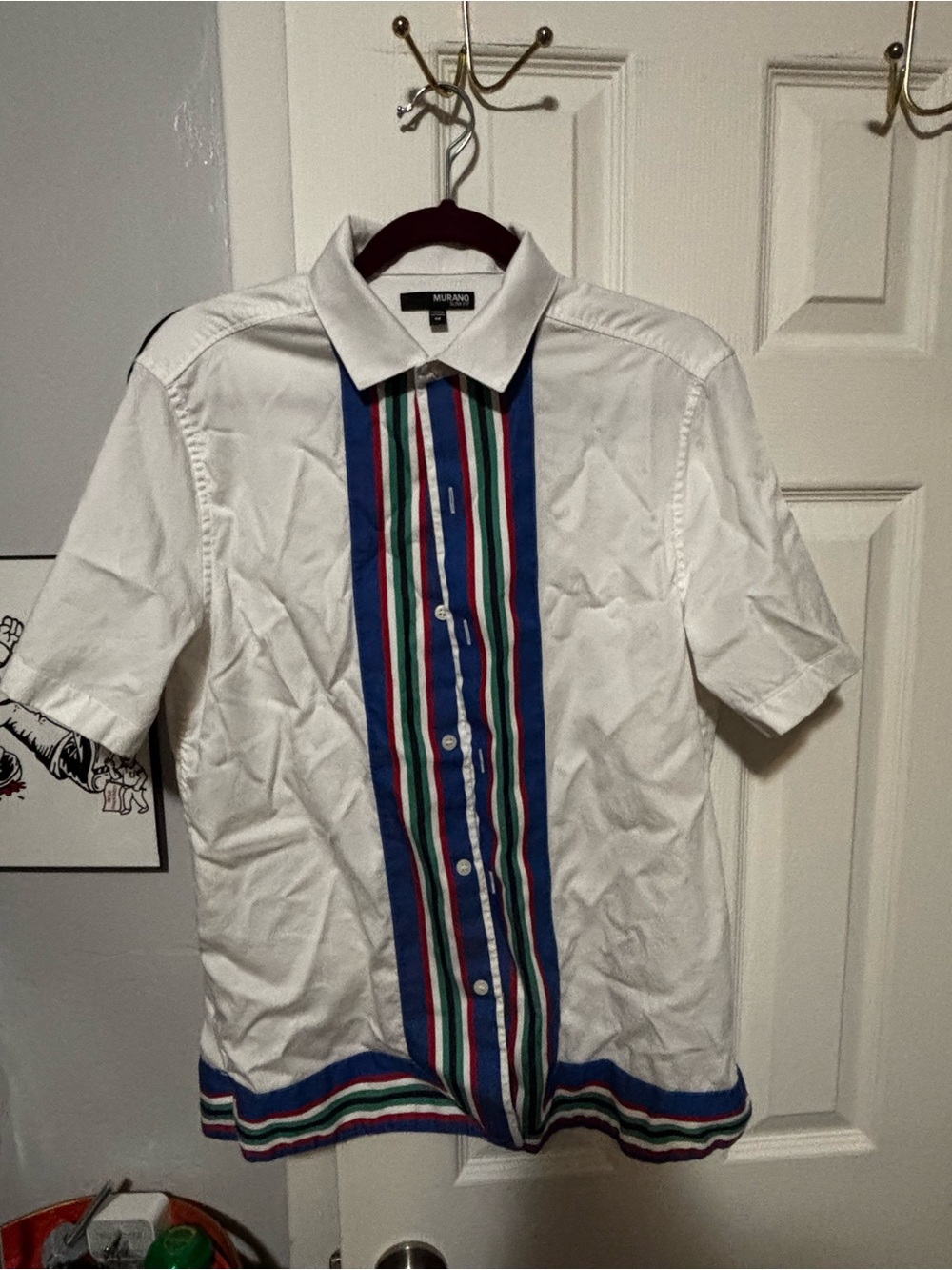 Murano White Short-Sleeve Button-Down Shirt with Blue-Green-Red Stripe Placket